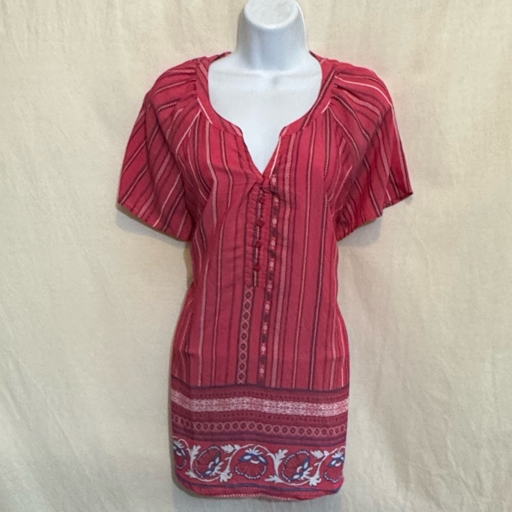 A-161‎ Kim Rogers Pink Blue & White Stripe Short Sleeve Pullover Blouse Size LP